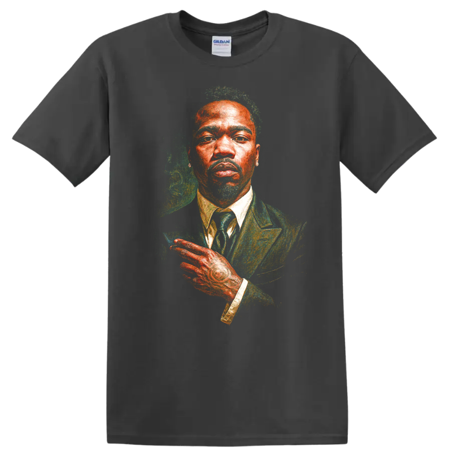 Pusha T stylized portrait artwork in a suit with vivid painterly texture on a Charcoal T Shirt