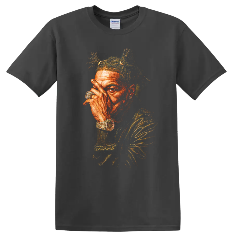 Boko Yout hip-hop portrait with vivid textured colors and jewelry on a Charcoal T Shirt