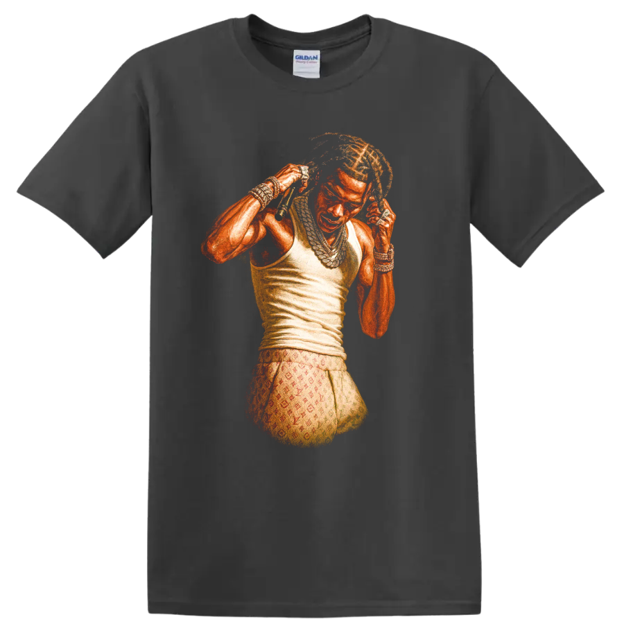 Playboi Carti portrait in vivid orange hip-hop graphic style on a Charcoal T Shirt