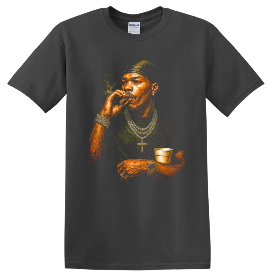 Bandana P hip-hop portrait graphic with bandana, chains, smoke, and cup on a Charcoal T Shirt