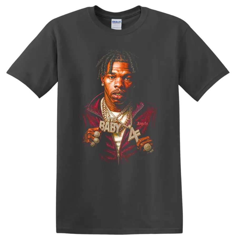 Lil Baby portrait graphic with vivid red and gold hip-hop streetwear styling on a Charcoal T Shirt