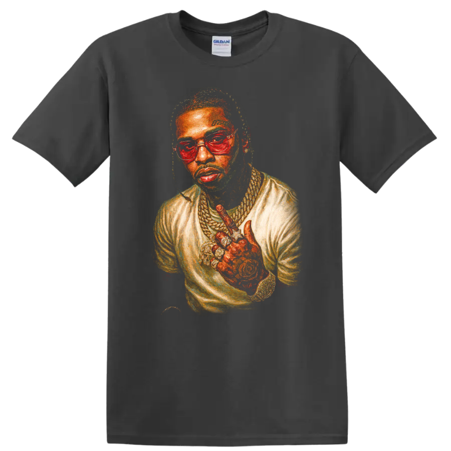 Pop Smoke Brooklyn drill illustrated portrait with glasses and layered jewelry on a Charcoal T Shirt