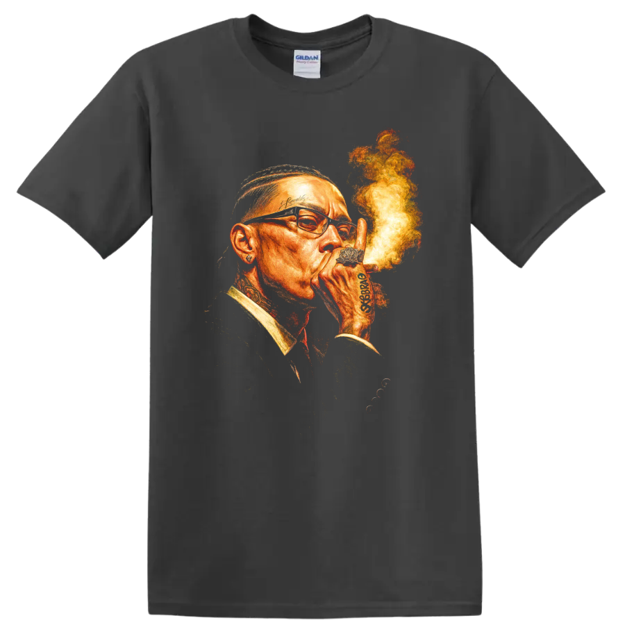 Rick Ross tattooed portrait graphic with glasses, jewelry, and smoke on a Charcoal T Shirt