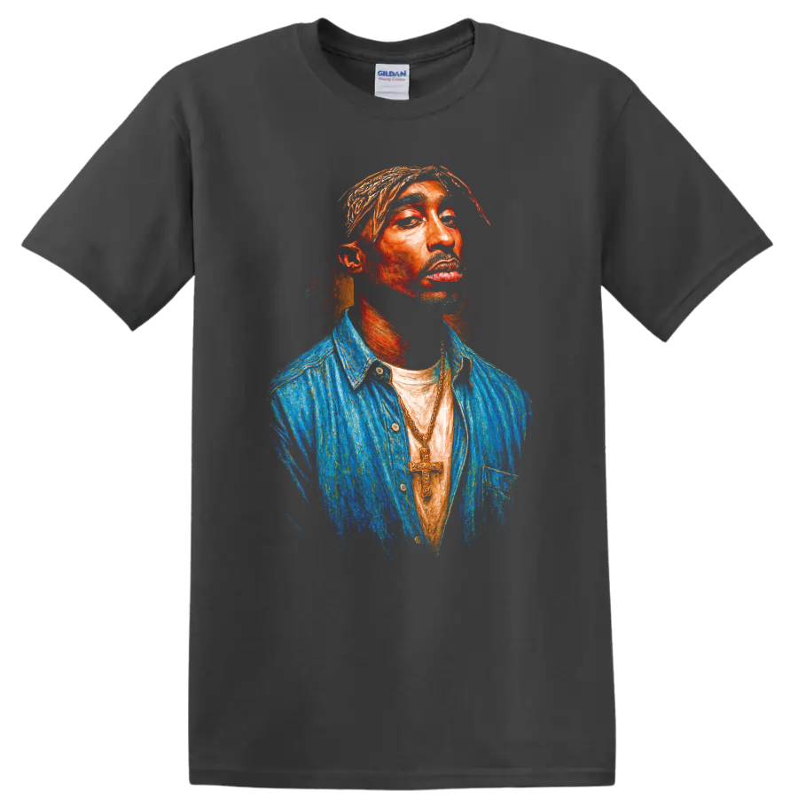 Tupac Shakur digital portrait in vivid hip-hop pop-art style on a Charcoal T Shirt