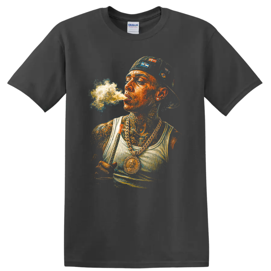 Central Cee UK drill portrait with tattoos, chains, cap, and smoke on a Charcoal T Shirt