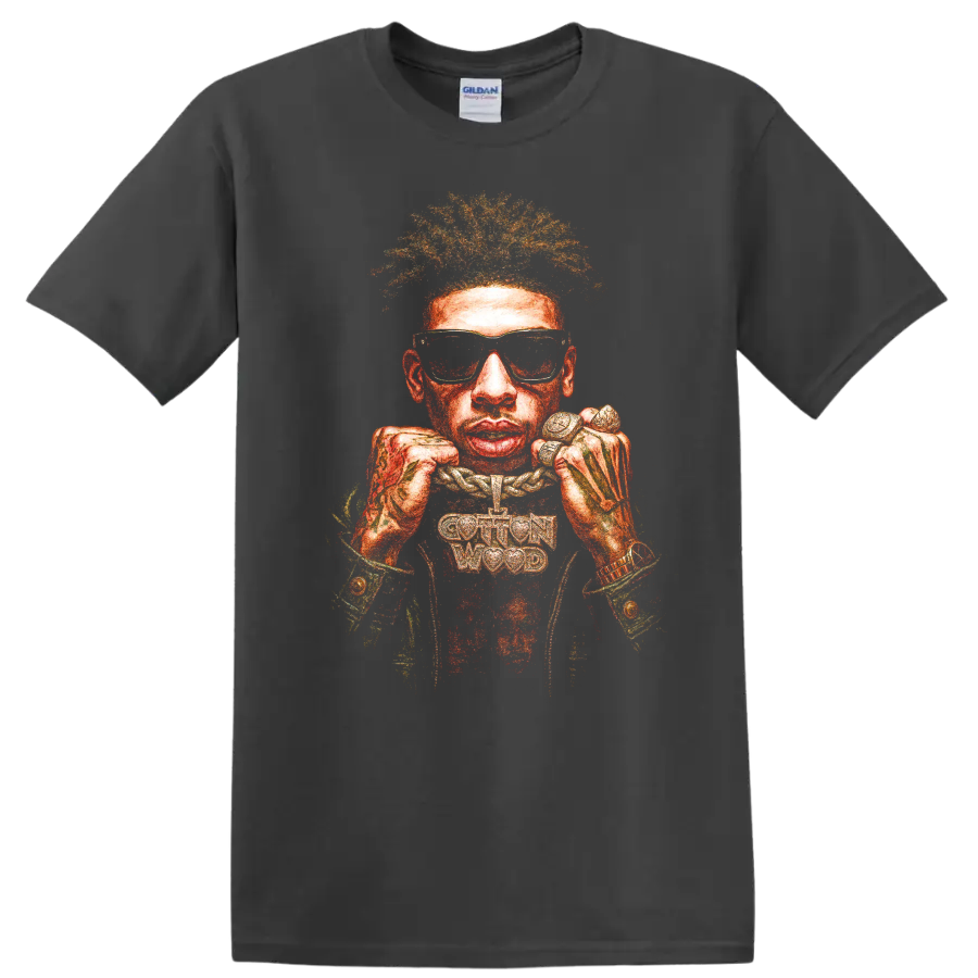 Kodak Black hip-hop portrait graphic with sunglasses and jewelry on a Charcoal T Shirt