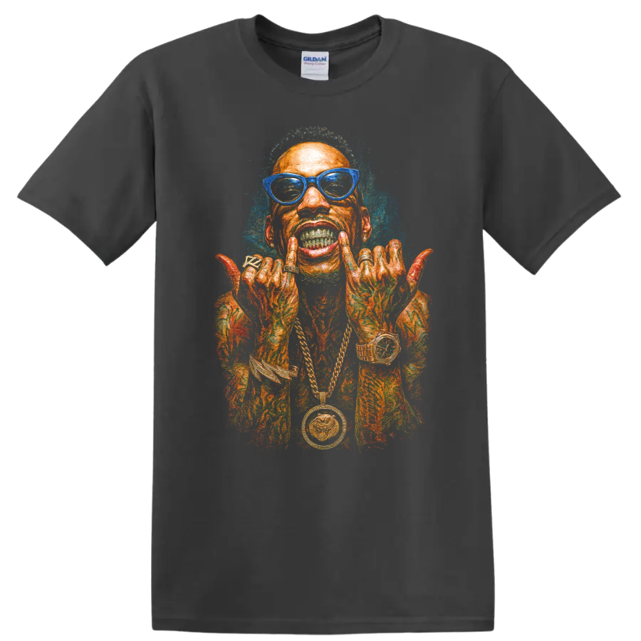Tyga colorful hip-hop portrait with blue glasses and bold street-art style on a Charcoal T Shirt