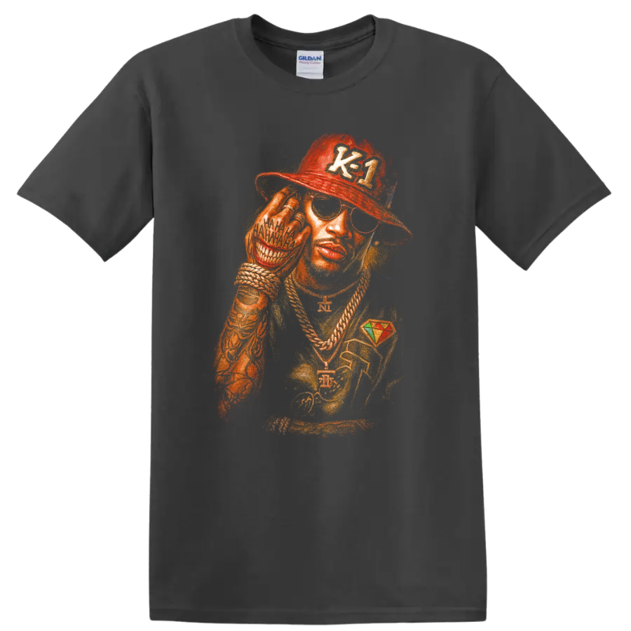 Future hip-hop stylized portrait with red cap, sunglasses, and gold chains on a Charcoal T Shirt