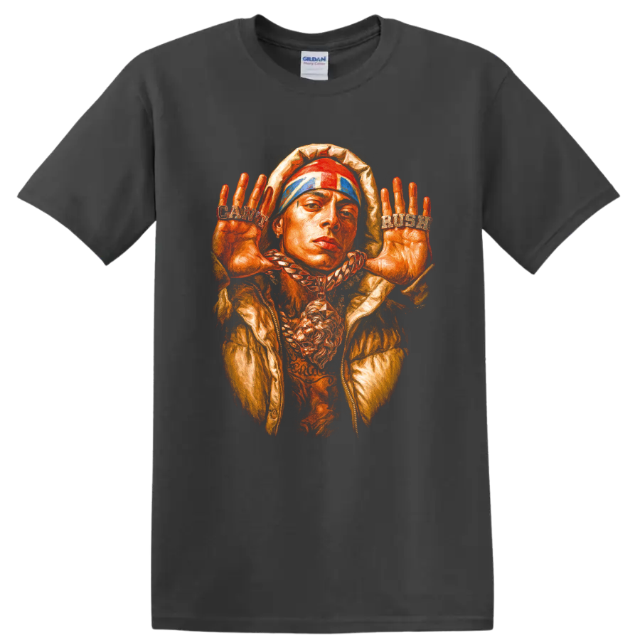 Central Cee UK drill portrait graphic with raised hands and bold streetwear style on a Charcoal T Shirt