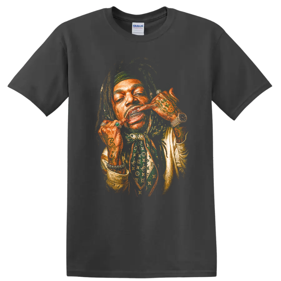 Lil Wayne stylized hip-hop portrait graphic print on a Charcoal T Shirt