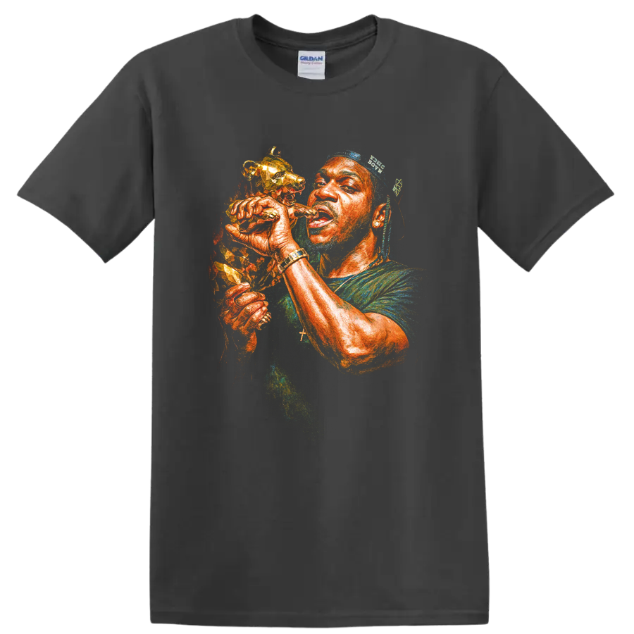 Lil Wayne stylized hip-hop portrait holding a microphone on a Charcoal T Shirt