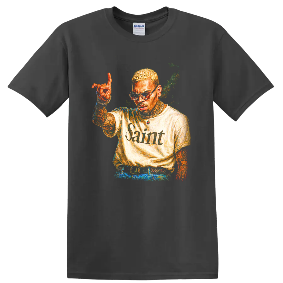 Chris Brown Saint portrait graphic with raised hand and colorful urban-art style on a Charcoal T Shirt