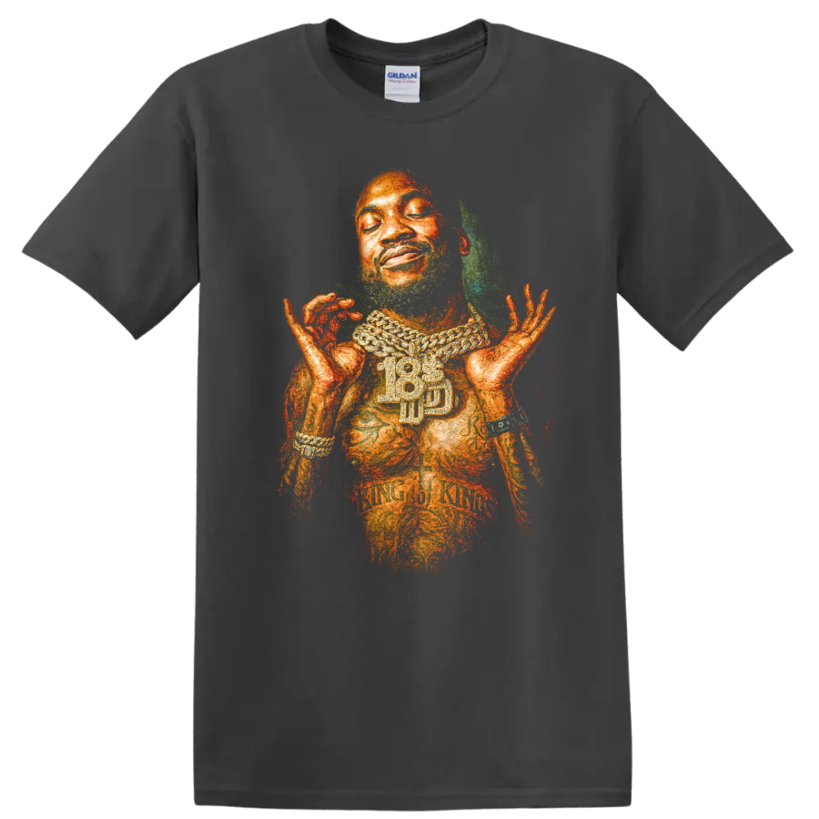 Meek Mill artistic hip-hop portrait with layered chain jewelry on a Charcoal T Shirt