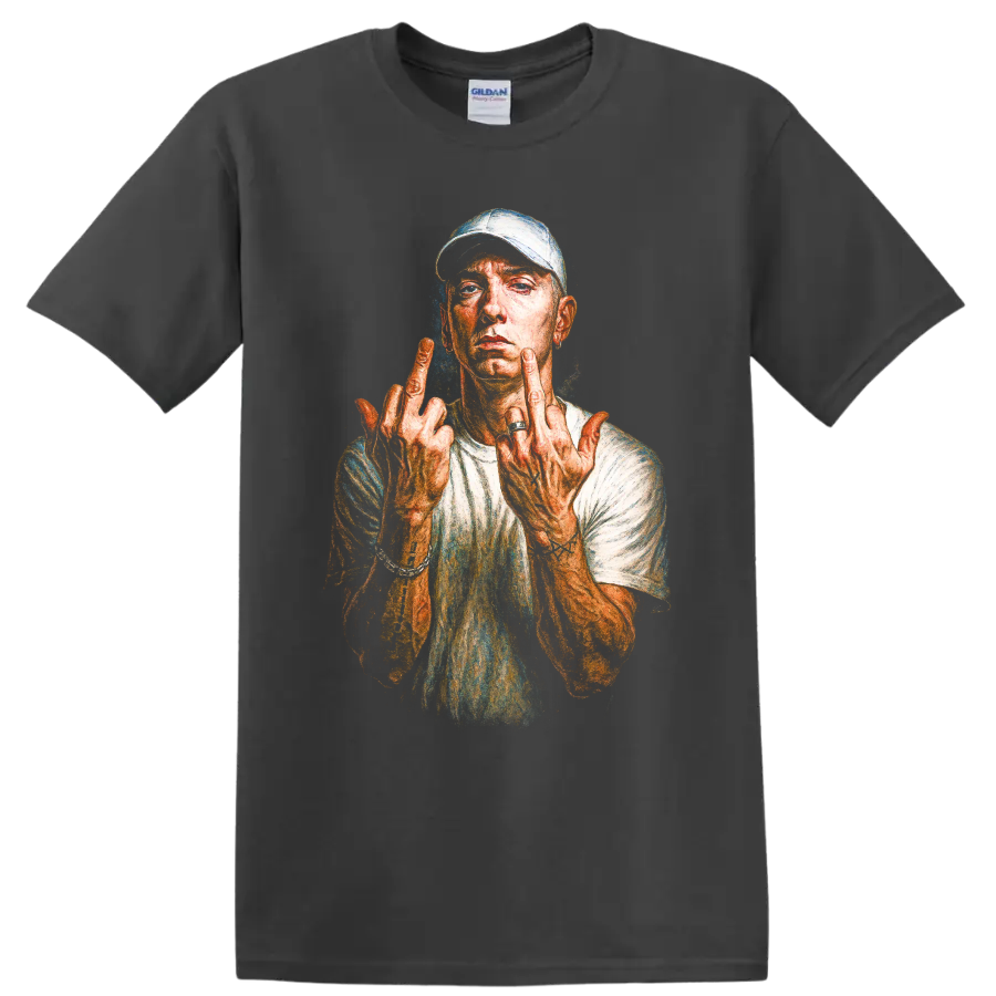 Eminem Slim Shady portrait illustration with raised middle fingers on a Charcoal T Shirt
