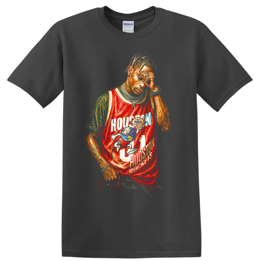 Travis Scott Houston Rockets distressed basketball jersey graphic on a Charcoal T Shirt