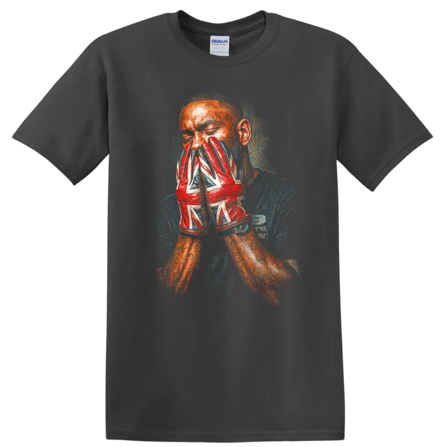 Skepta grime portrait with red patterned gloves, textured album cover style on a Charcoal T Shirt