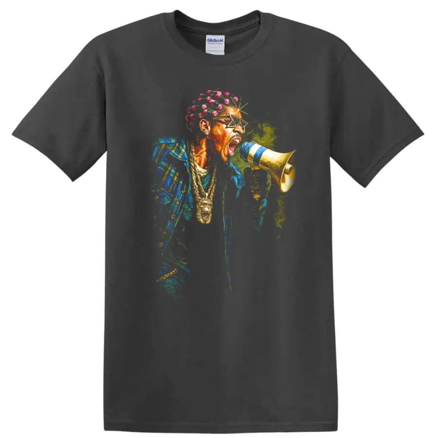 Playboi Carti colorful digital hip-hop portrait holding a megaphone on a Charcoal T Shirt