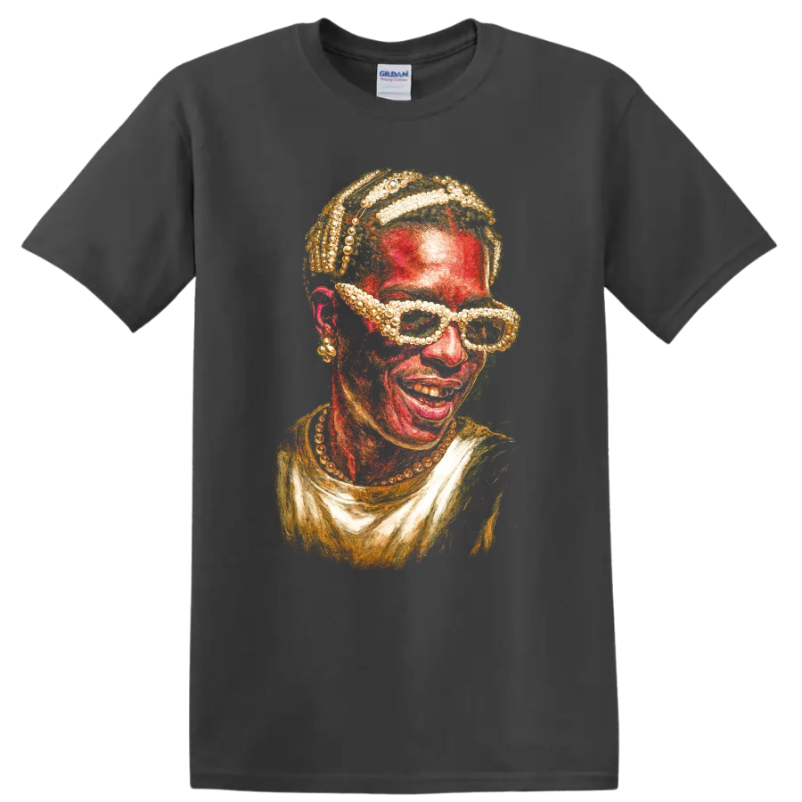 A$AP Ferg stylized hip-hop portrait artwork with textured red and gold details on a Charcoal T Shirt