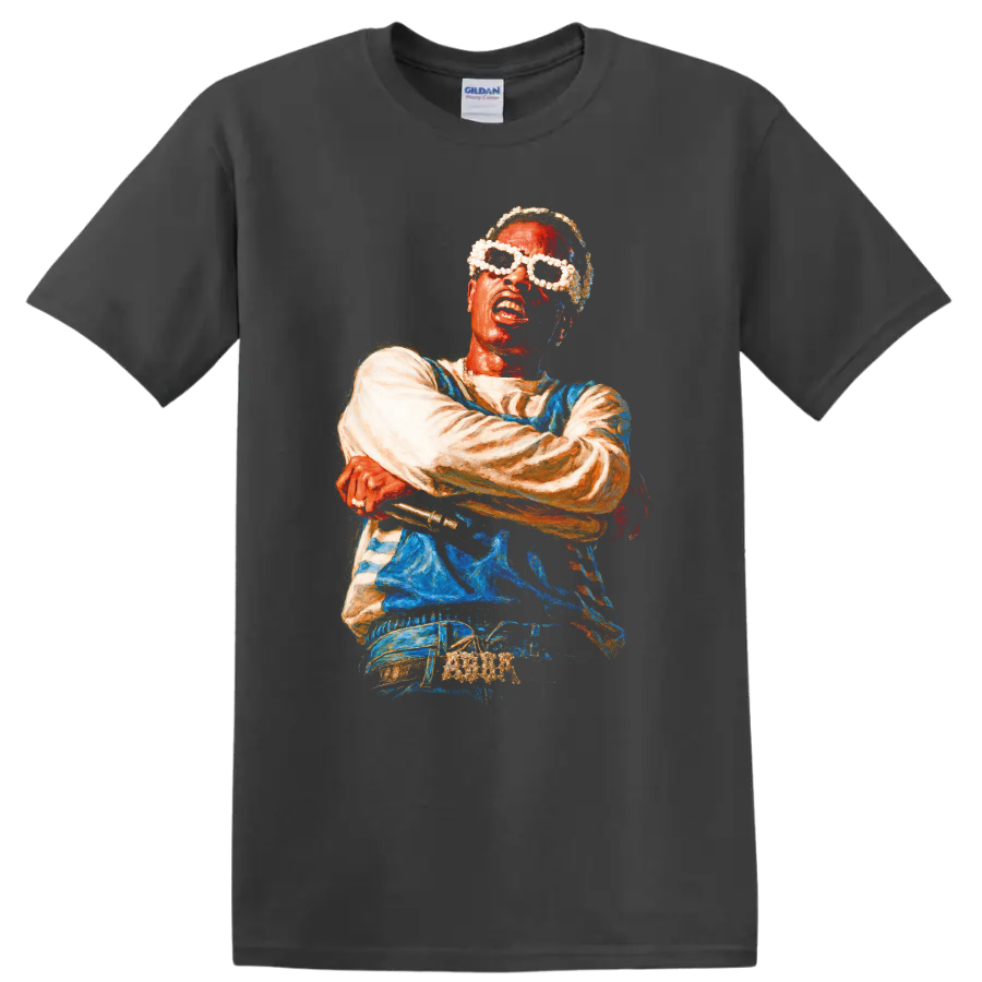 A$AP Ferg stylized hip-hop portrait artwork with sunglasses on a Charcoal T Shirt
