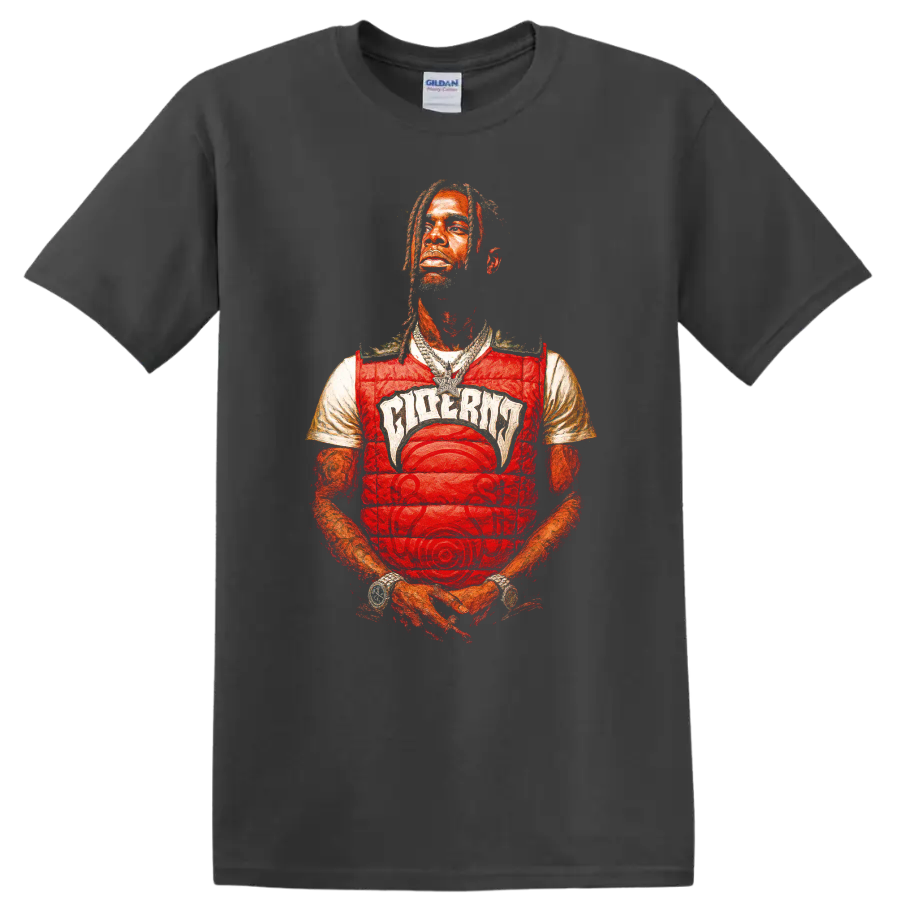 Travis Scott stylized red-toned hip-hop portrait graphic on a Charcoal T Shirt