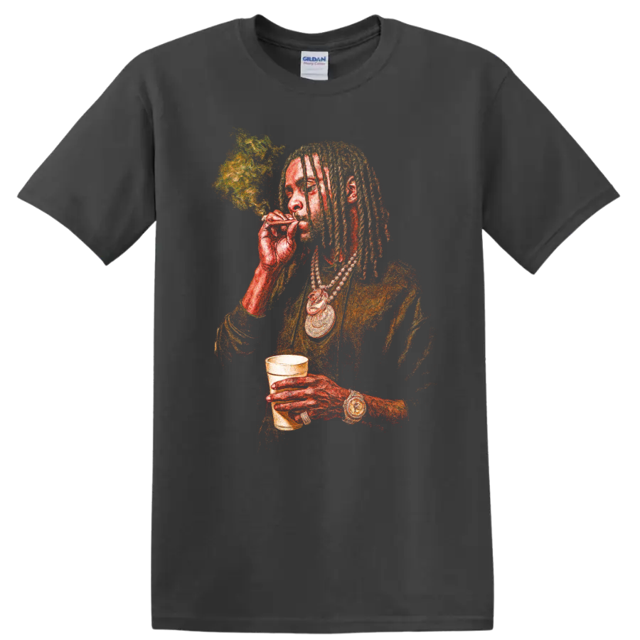 Young Thug trap artist portrait graphic with dreadlocks and gold chains on a Charcoal T Shirt