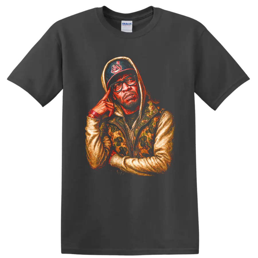 Roc Marciano hooded portrait with tinted glasses, colorful illustrated style on a Charcoal T Shirt