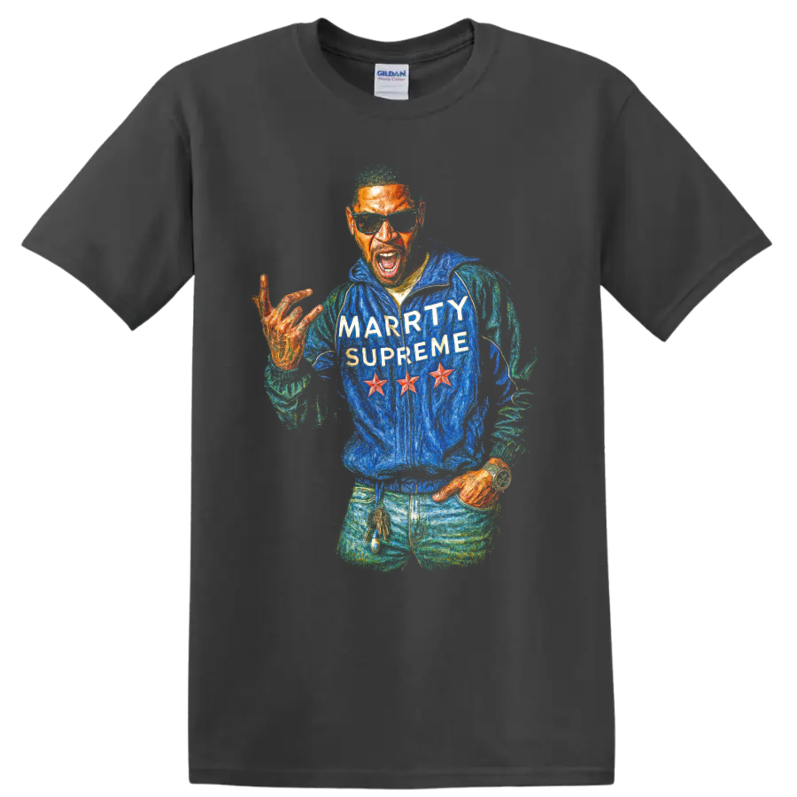 Kid Cudi Marty Supreme colorful hip-hop portrait graphic on a Charcoal T Shirt