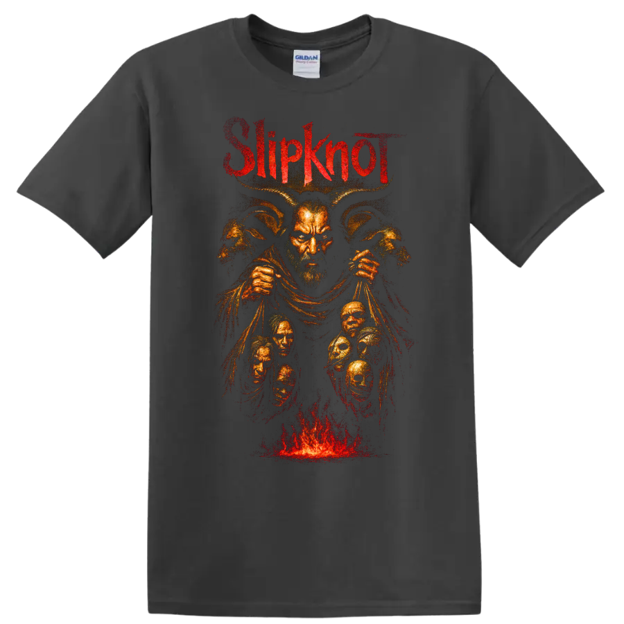 Slipknot Spit It Out dark metal graphic with horned figure and flames on a Charcoal T Shirt
