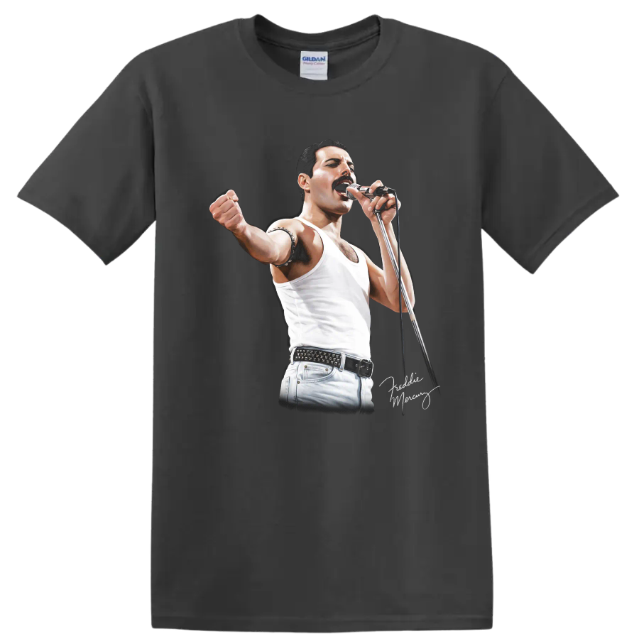 Freddie Mercury singing into a microphone in a dramatic rock performance graphic on a Charcoal T Shirt