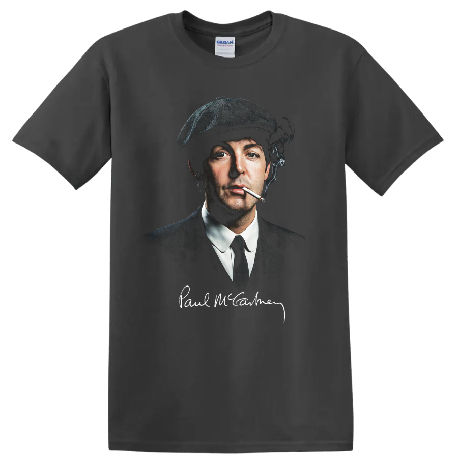 Paul McCartney smoking portrait in vintage rock style on a Charcoal T Shirt