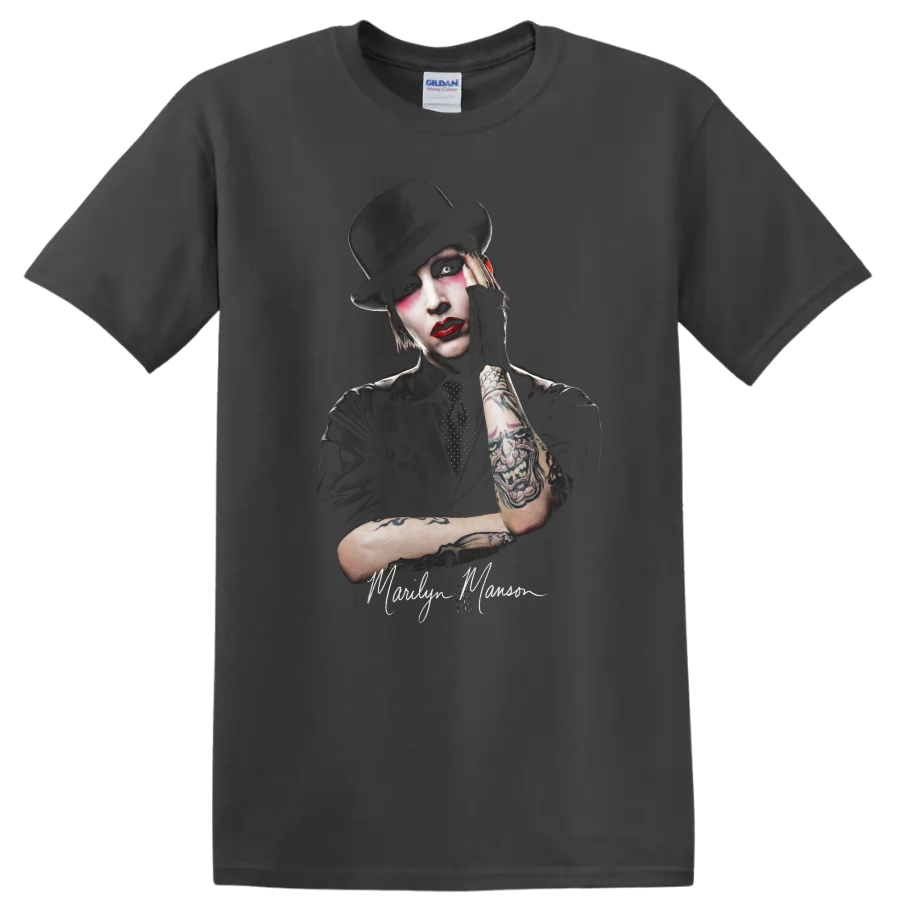 Marilyn Manson theatrical rock portrait with top hat and dramatic makeup on a Charcoal T Shirt
