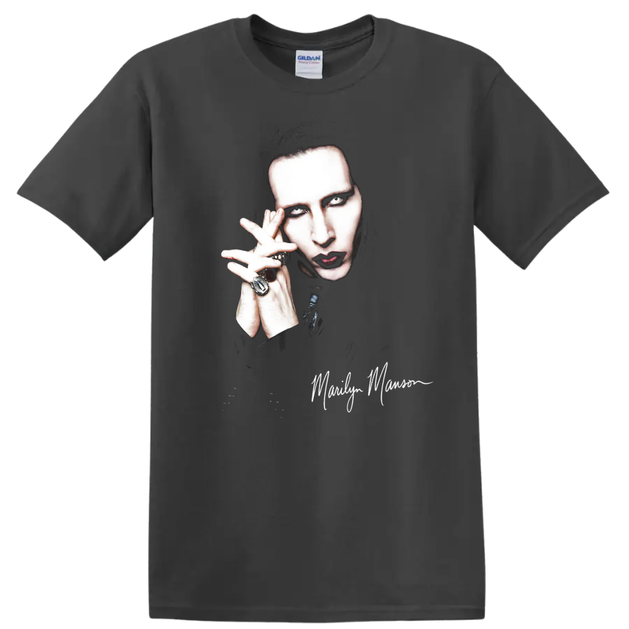Marilyn Manson gothic rock portrait fan art graphic print on a Charcoal T Shirt