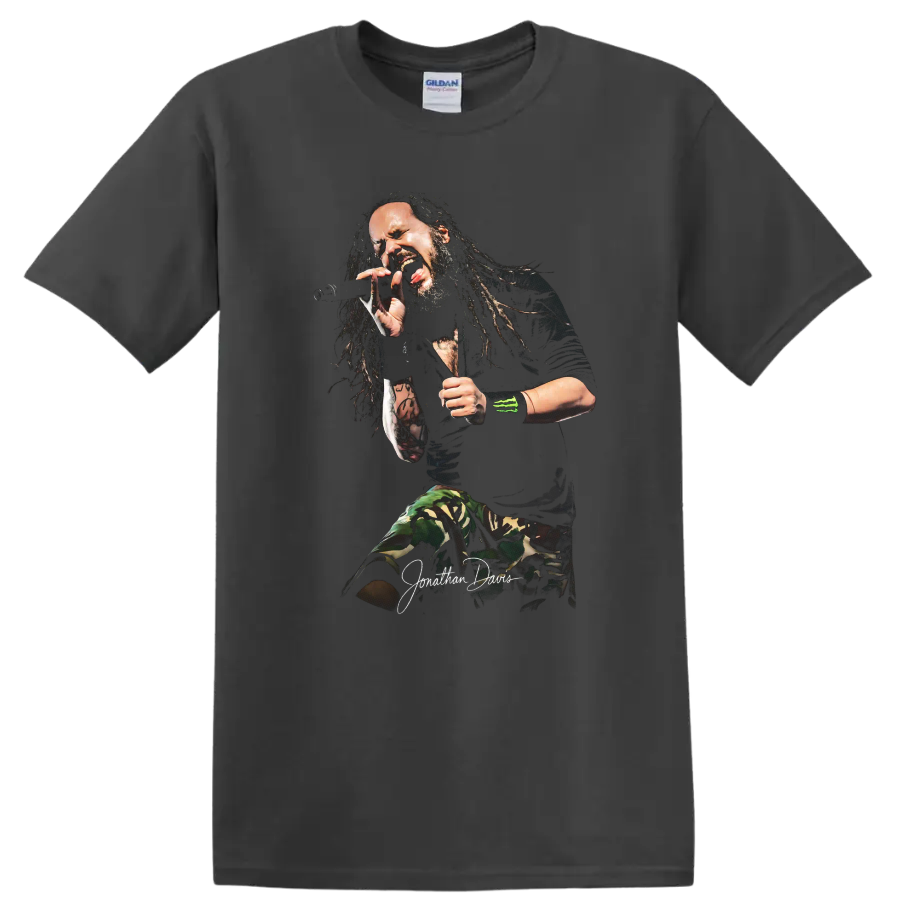 Jonathan Davis of Korn performing with a microphone in a dramatic sketch style on a Charcoal T Shirt