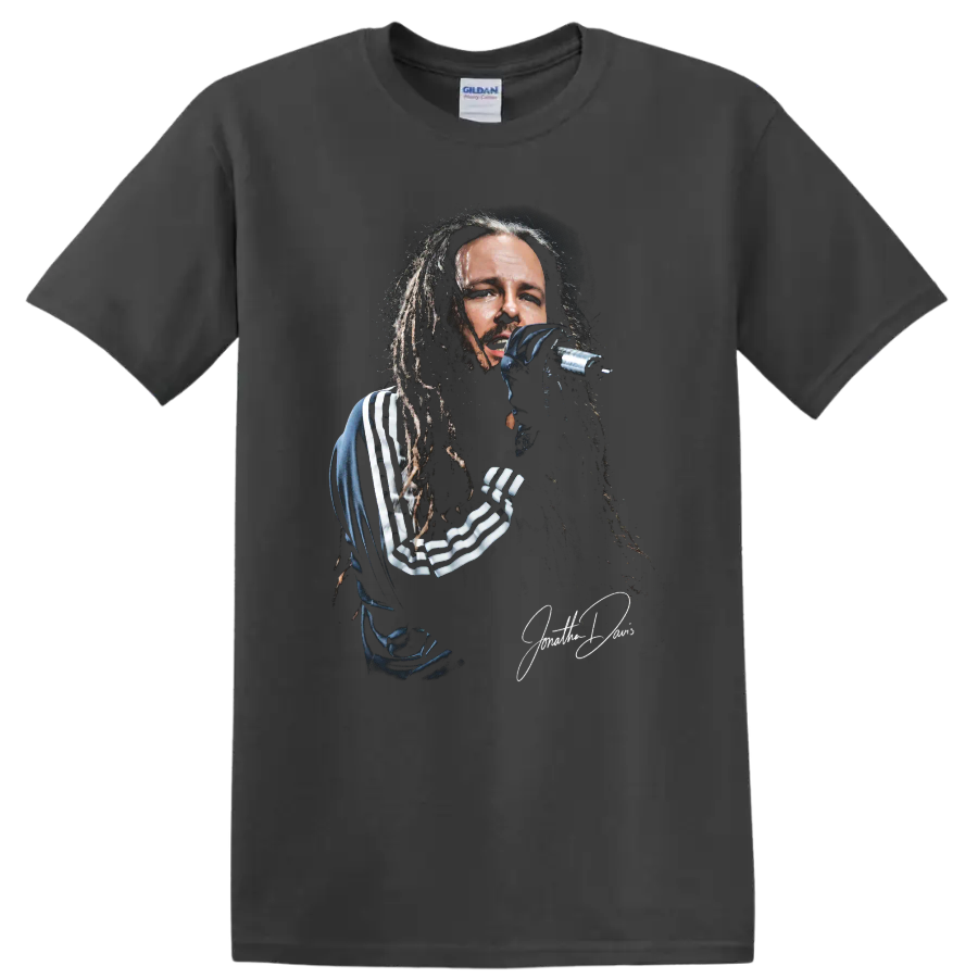 Jonathan Davis of Korn performing with a microphone in gritty portrait artwork on a Charcoal T Shirt