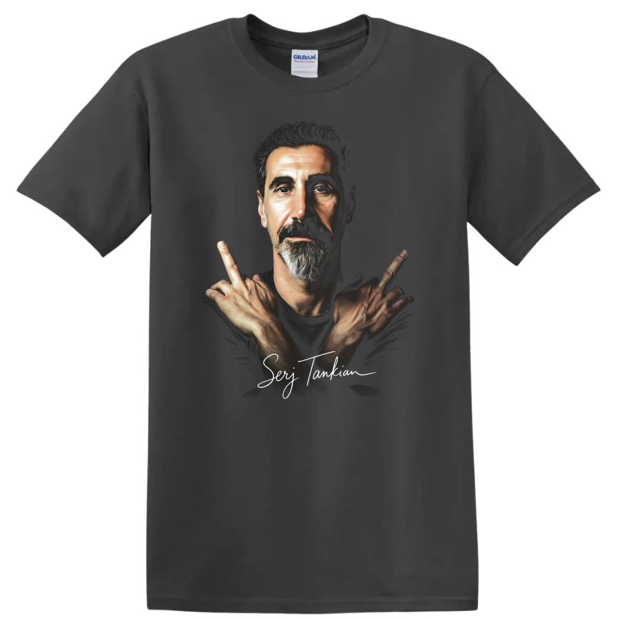 Serj Tankian portrait with crossed hands, dramatic alternative metal art on a Charcoal T Shirt