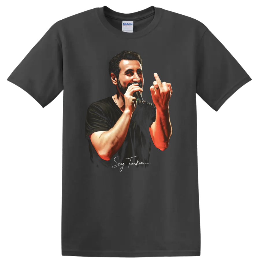 Serj Tankian pop-art portrait performing with a microphone on a Charcoal T Shirt