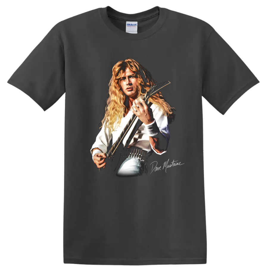 Dave Mustaine Megadeth thrash metal guitarist portrait with electric guitar on a Charcoal T Shirt