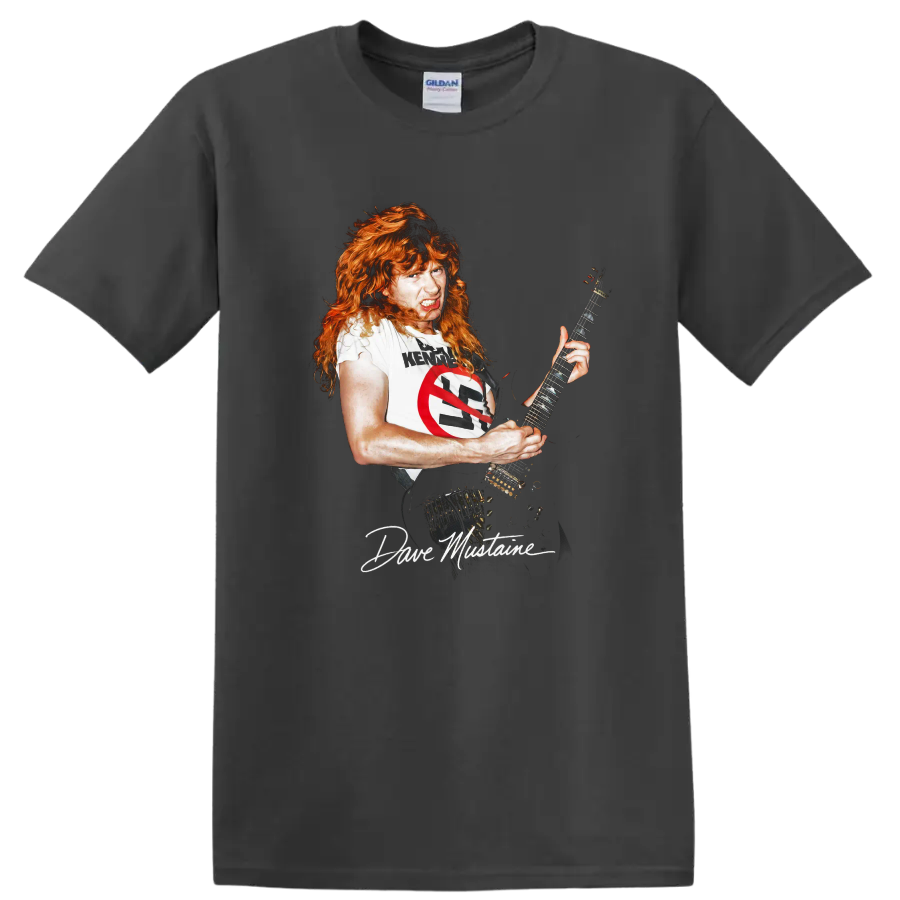 Dave Mustaine playing guitar in a bold thrash metal graphic on a Charcoal T Shirt