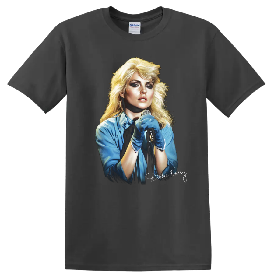 Debbie Harry Blondie singer portrait with microphone and signature on a Charcoal T Shirt
