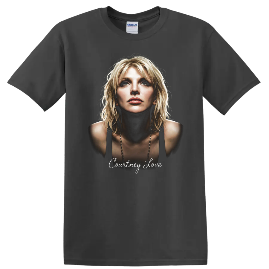 Courtney Love portrait with script text in a moody alternative rock design on a Charcoal T Shirt