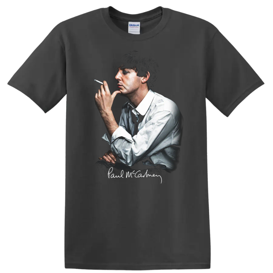 Paul McCartney portrait graphic with signature and cigarette on a Charcoal T Shirt