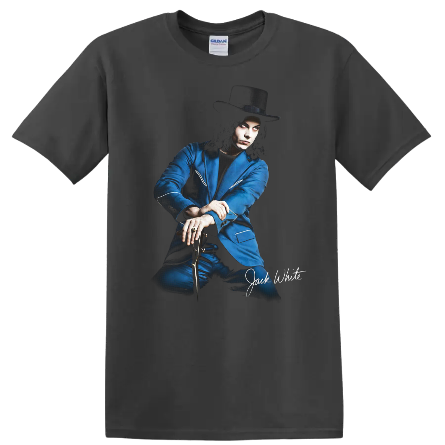Jack White illustrated portrait in blue suit and wide-brim hat on a Charcoal T Shirt