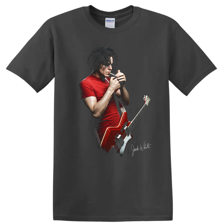Jack White performing with a red guitar graphic print on a Charcoal T Shirt