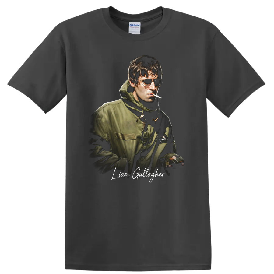 Liam Gallagher Oasis Britpop portrait with sunglasses and script lettering on a Charcoal T Shirt