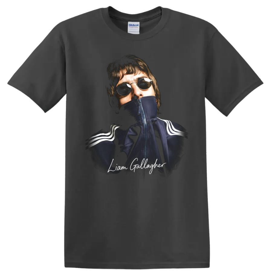 Liam Gallagher portrait with sunglasses and handwritten name graphic on a Charcoal T Shirt