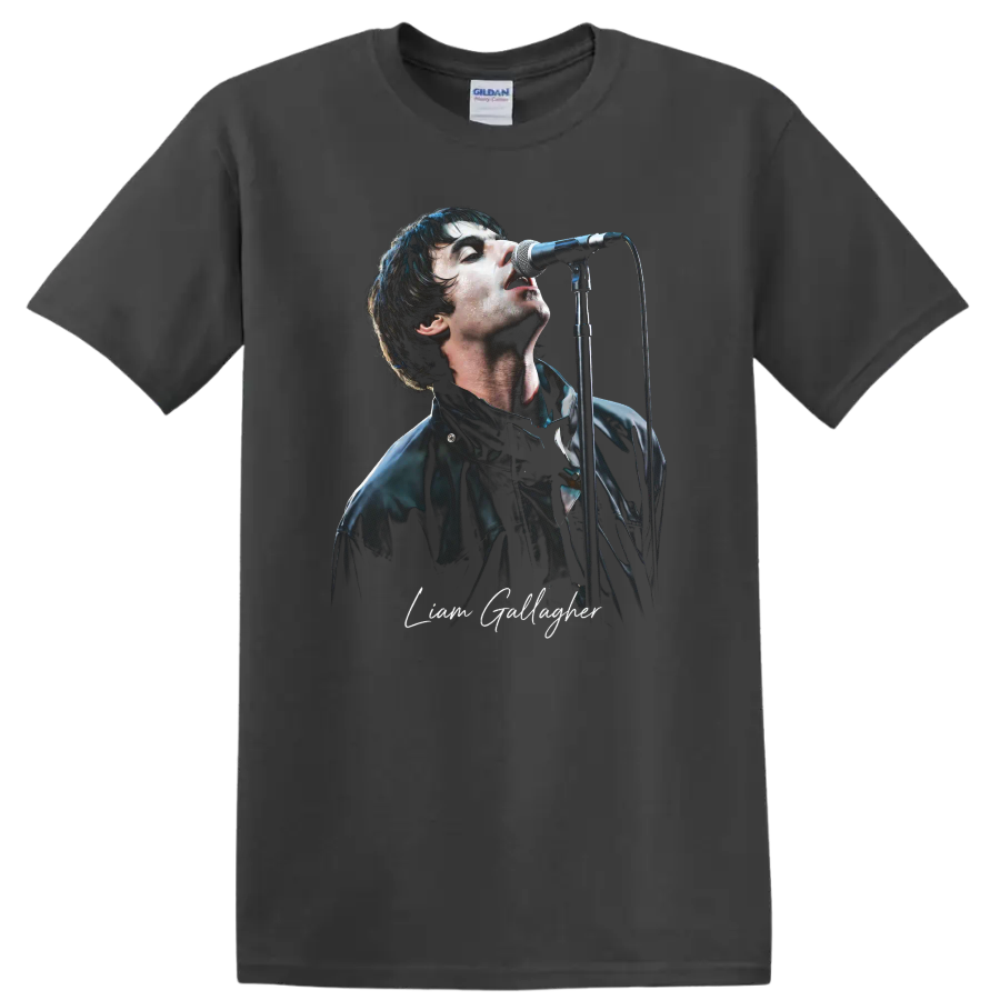 Liam Gallagher performing at a microphone in a high-contrast portrait graphic on a Charcoal T Shirt