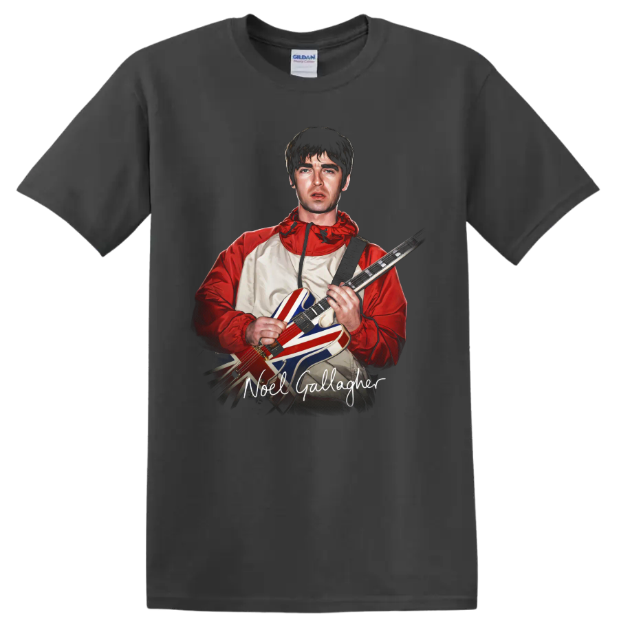 Noel Gallagher Oasis portrait with Union Jack guitar and signature text on a Charcoal T Shirt