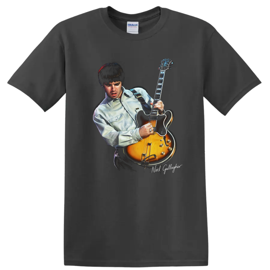 Noel Gallagher playing a sunburst Epiphone Riviera guitar graphic on a Charcoal T Shirt