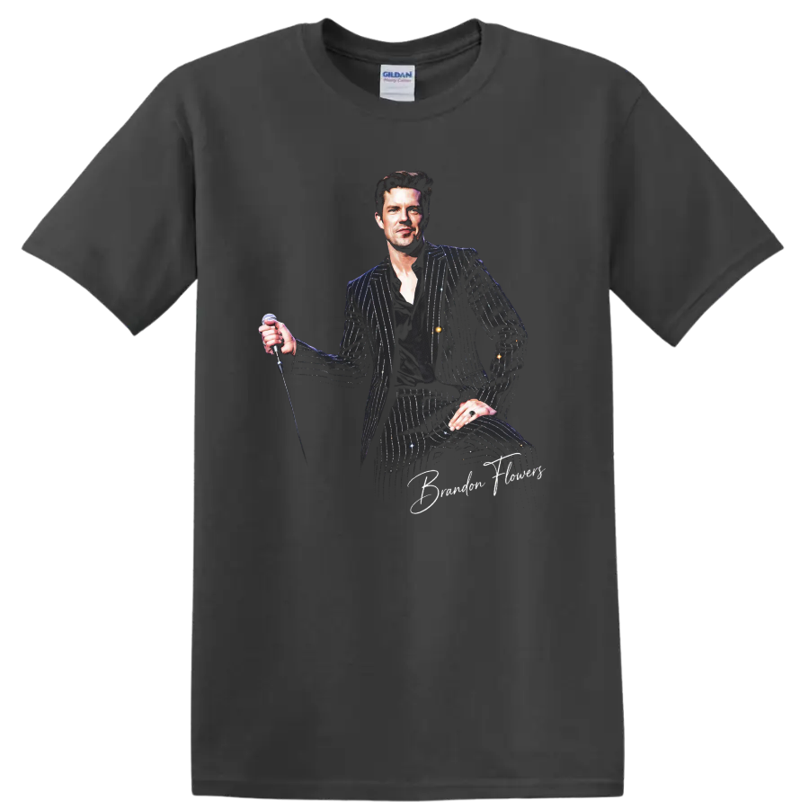 Brandon Flowers of The Killers illustrated portrait holding a microphone on a Charcoal T Shirt
