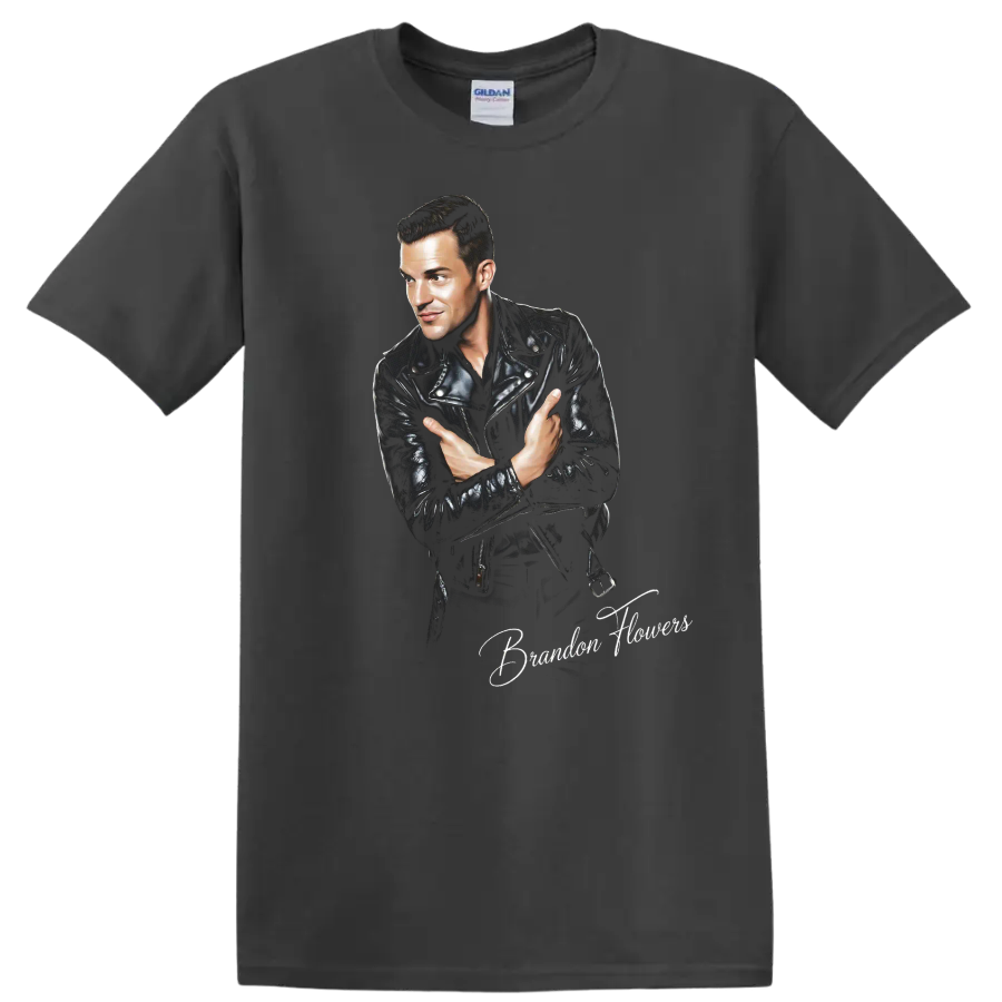 Brandon Flowers portrait in leather jacket, rock music graphic on a Charcoal T Shirt